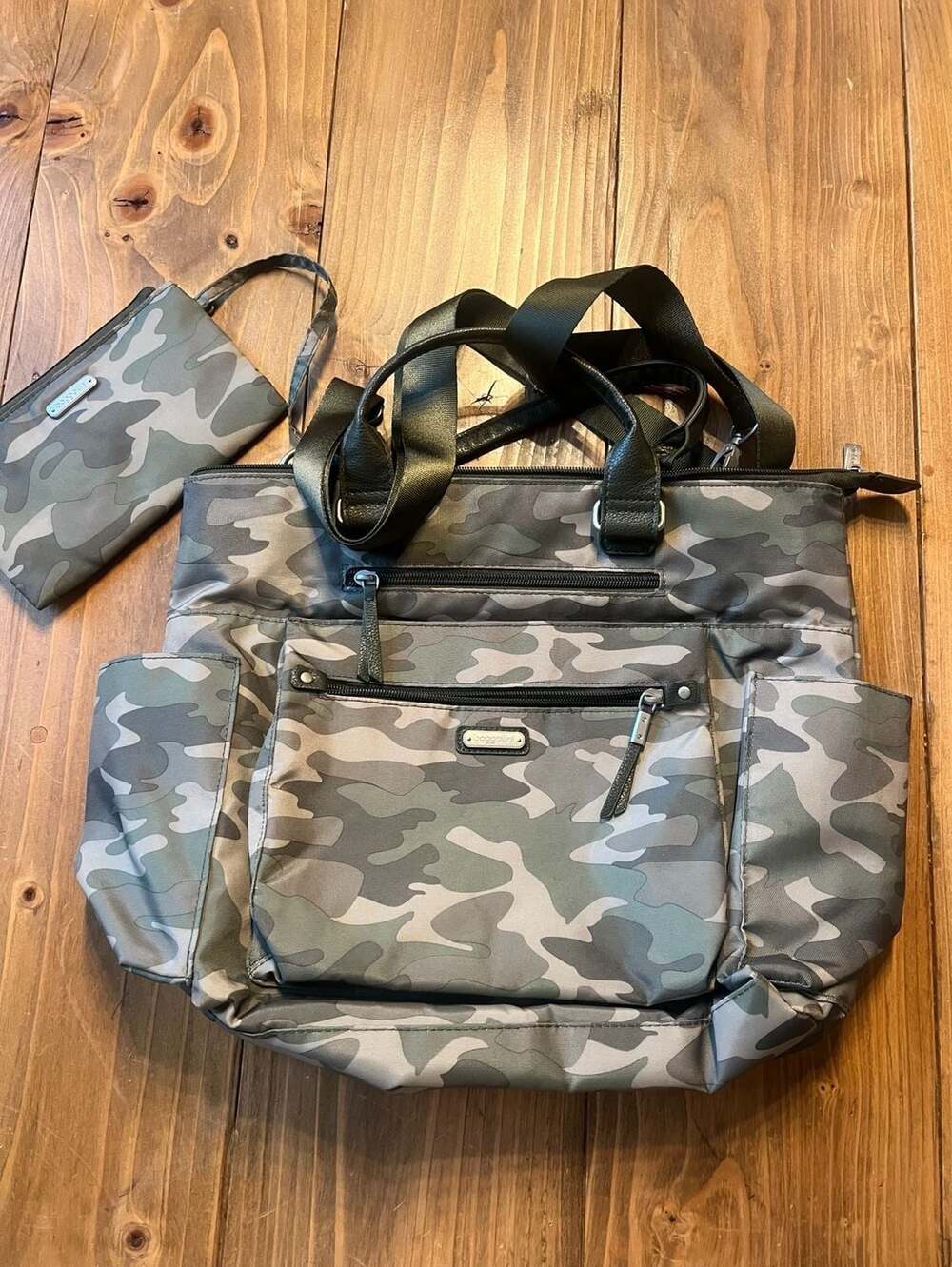 Baggallini 3-In-1 Convertible Backpack with RFID Wristlet Sterling Shimmer Camo